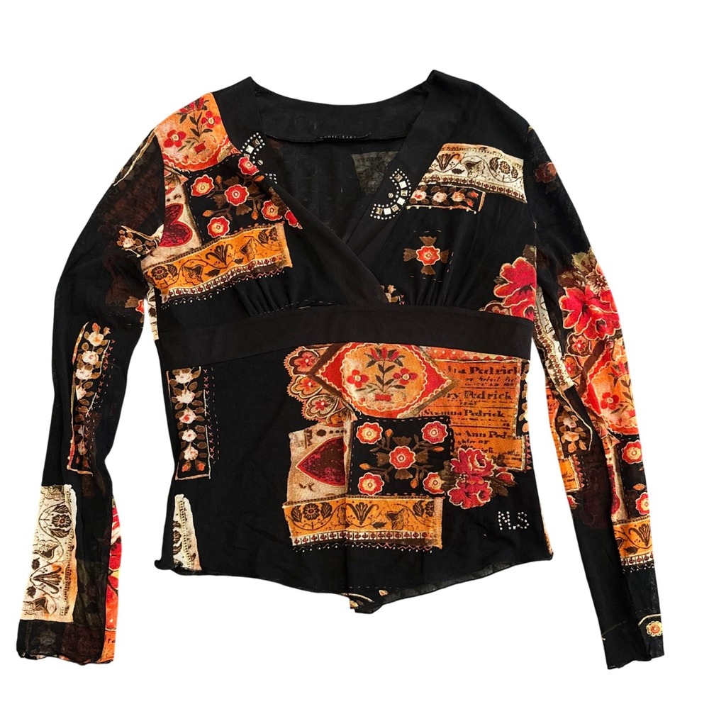 Nuovi Sarti Mesh Mock Neck Patchwork Floral Rhinestone Top Black Orange Size 46